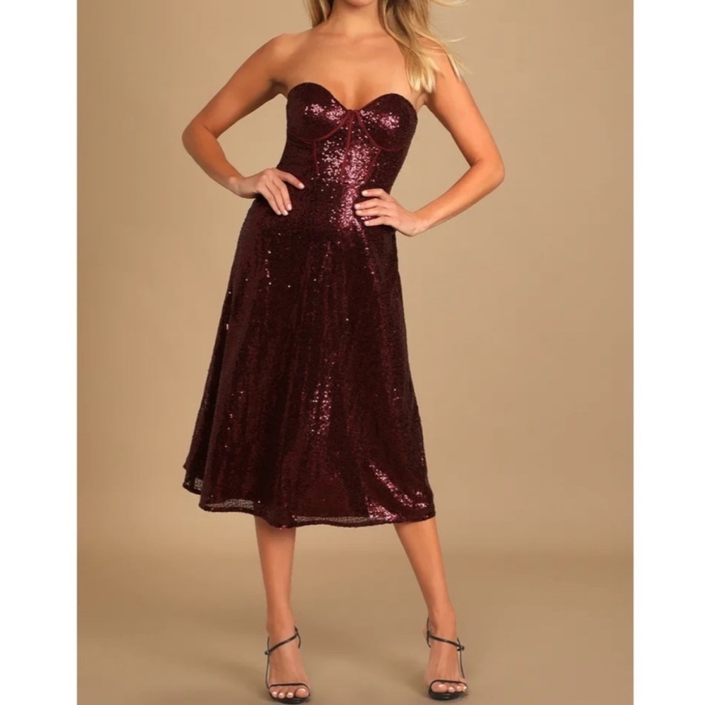 NWT Lulus Boost Your Beauty Wine Red Sequin Strapless Bustier Midi Dress